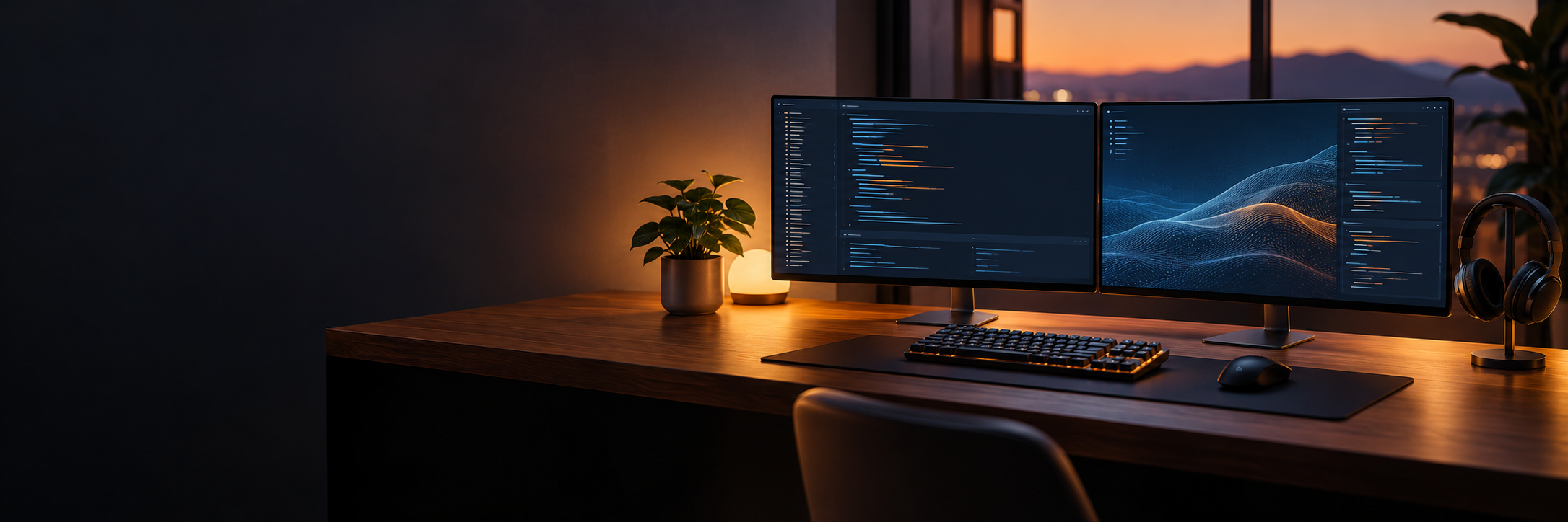 Warm dual-monitor creator workspace